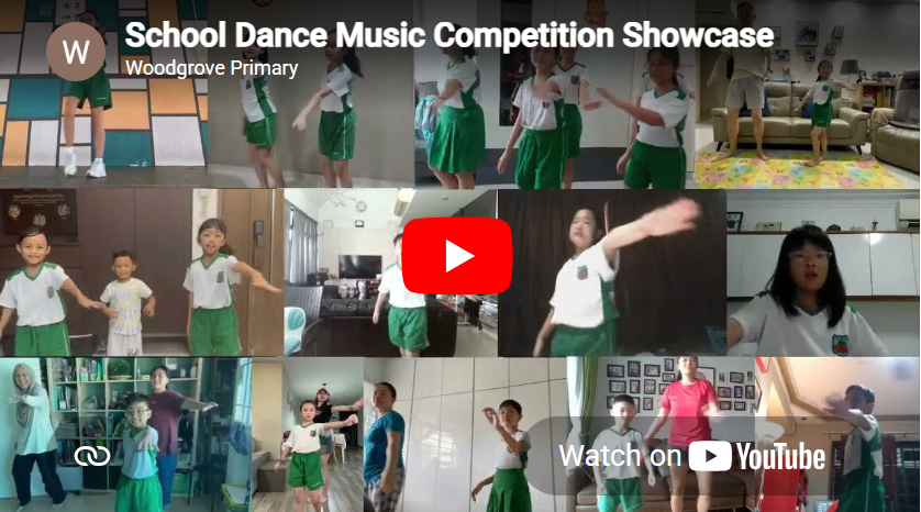 YouTube thumbnail collage of students in green-and-white uniforms dancing, titled School Dance Music Competition Showcase